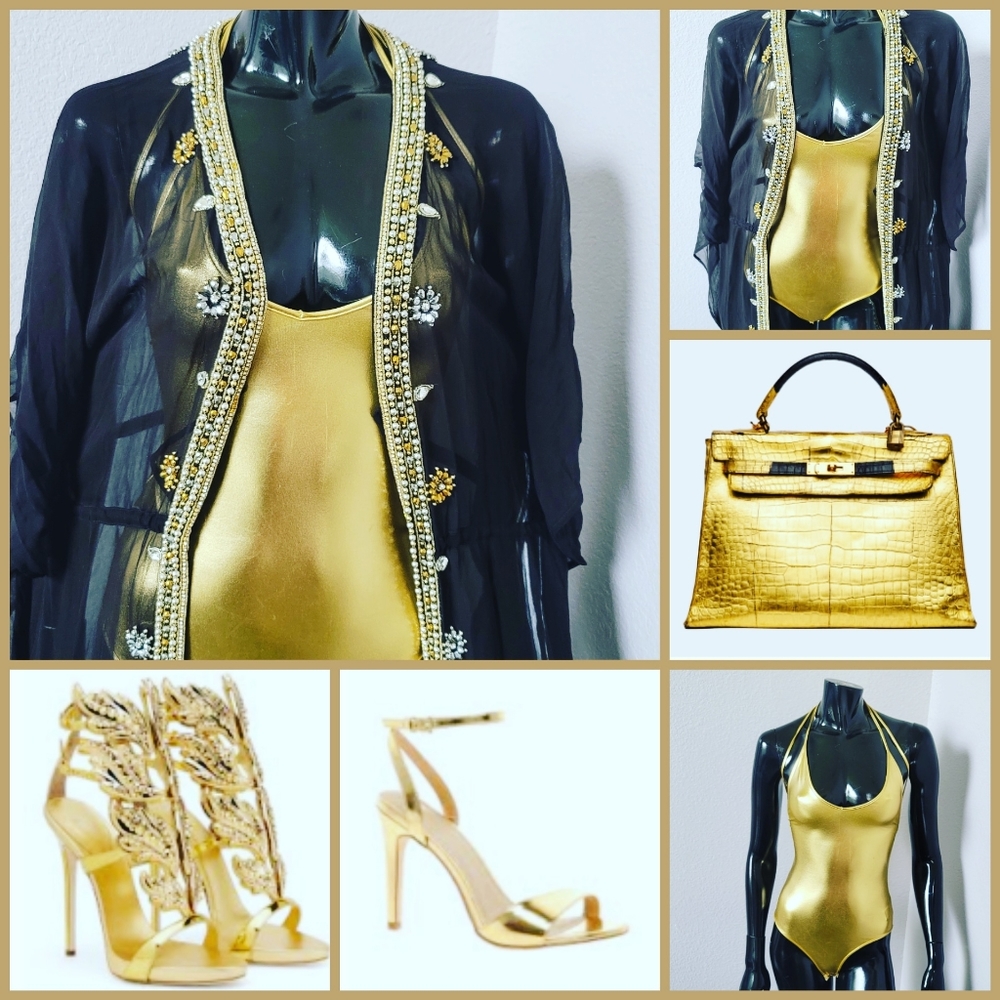 JEWELLED COVER UP AND GOLD SWIM SUIT